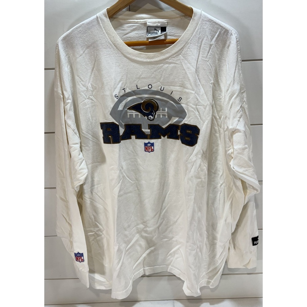 Vintage St. Louis Rams Football Graphic Puma T-Shirt Mens 2XL White Long Sleeve